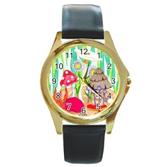 Iguana And Mushrooms Round Gold Metal Watch by okhismakingart