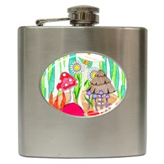 Iguana And Mushrooms Hip Flask (6 Oz) by okhismakingart