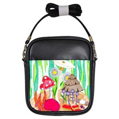 Iguana And Mushrooms Girls Sling Bag by okhismakingart