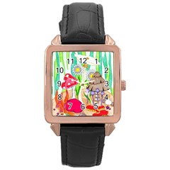 Iguana And Mushrooms Rose Gold Leather Watch  by okhismakingart