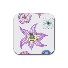 Flower And Insects Rubber Coaster (square)  by okhismakingart