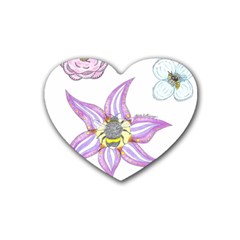 Flower And Insects Rubber Coaster (heart)  by okhismakingart