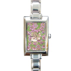 Fluffy Cat In A Garden  Rectangle Italian Charm Watch by okhismakingart