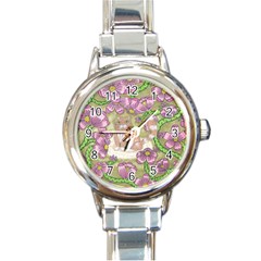 Fluffy Cat In A Garden  Round Italian Charm Watch by okhismakingart