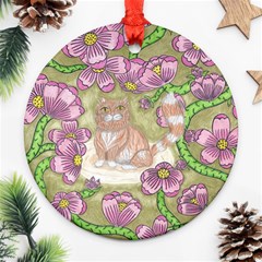 Fluffy Cat In A Garden  Ornament (round) by okhismakingart