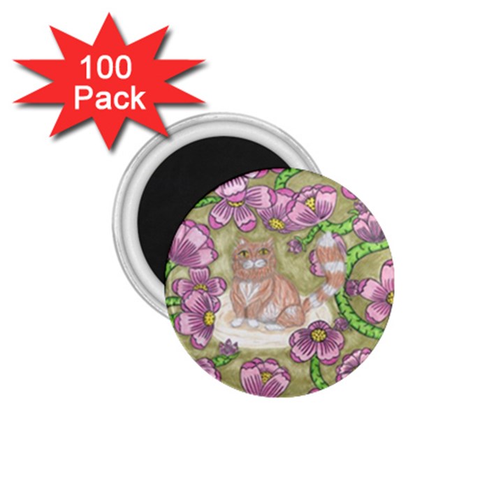 Fluffy Cat in a Garden  1.75  Magnets (100 pack) 