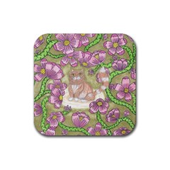 Fluffy Cat In A Garden  Rubber Coaster (square)  by okhismakingart