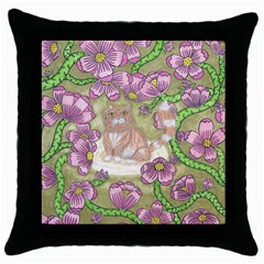 Fluffy Cat In A Garden  Throw Pillow Case (black) by okhismakingart