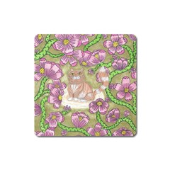 Fluffy Cat In A Garden  Square Magnet by okhismakingart