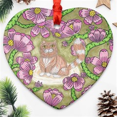 Fluffy Cat In A Garden  Heart Ornament (two Sides) by okhismakingart