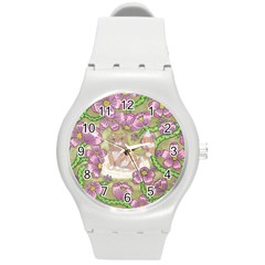 Fluffy Cat In A Garden  Round Plastic Sport Watch (m) by okhismakingart