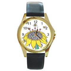 Bees At Work  Round Gold Metal Watch by okhismakingart