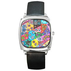 Stained Glass Flowers  Square Metal Watch by okhismakingart