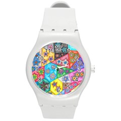 Stained Glass Flowers  Round Plastic Sport Watch (m) by okhismakingart