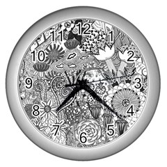 Floral Jungle Black And White Wall Clock (silver) by okhismakingart