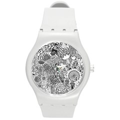 Floral Jungle Black And White Round Plastic Sport Watch (m) by okhismakingart