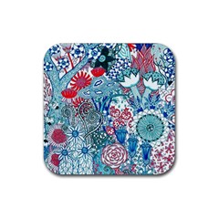 Floral Jungle Blue Rubber Coaster (square)  by okhismakingart