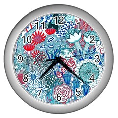 Floral Jungle Blue Wall Clock (silver) by okhismakingart