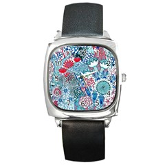 Floral Jungle Blue Square Metal Watch by okhismakingart