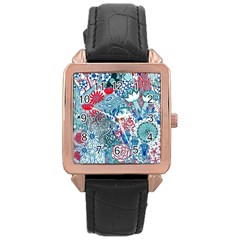 Floral Jungle Blue Rose Gold Leather Watch  by okhismakingart