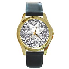 Geometric Flower And Vines 01 Round Gold Metal Watch