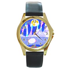 Angel s City In Blue Round Gold Metal Watch by okhismakingart