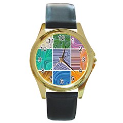 Electric Field Art Collage I Round Gold Metal Watch by okhismakingart