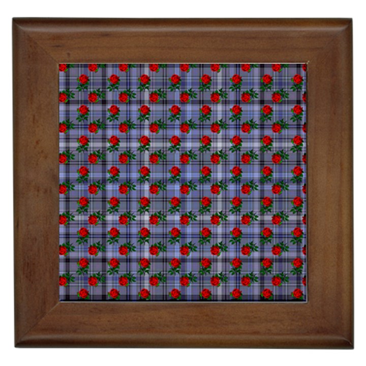 Roses Blue Plaid Framed Tiles