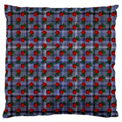 Roses Blue Plaid Large Flano Cushion Case (one Side) by snowwhitegirl