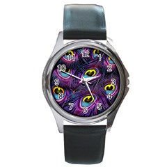 Peacock Feathers Purple Round Metal Watch by snowwhitegirl