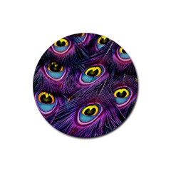 Peacock Feathers Purple Rubber Round Coaster (4 Pack)  by snowwhitegirl