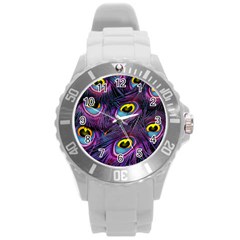 Peacock Feathers Purple Round Plastic Sport Watch (l) by snowwhitegirl