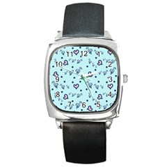 Duck Family Blue Pink Hearts Pattern Square Metal Watch by snowwhitegirl