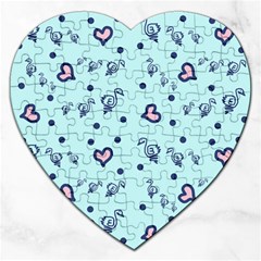 Duck Family Blue Pink Hearts Pattern Jigsaw Puzzle (heart) by snowwhitegirl