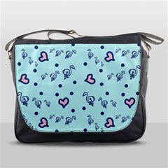 Duck Family Blue Pink Hearts Pattern Messenger Bag by snowwhitegirl