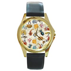 Sea World Vintage Pattern Round Gold Metal Watch by Valentinaart