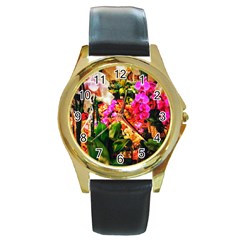 Orchids In The Market Round Gold Metal Watch by okhismakingart