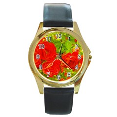 Red Roses Round Gold Metal Watch