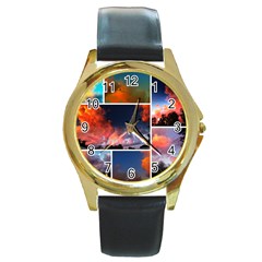 Sunset Collage Round Gold Metal Watch by okhismakingart