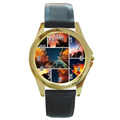 Sunset Collage Ii Round Gold Metal Watch by okhismakingart