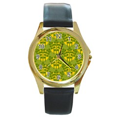 Texture Plant Herbs Green Round Gold Metal Watch by Mariart