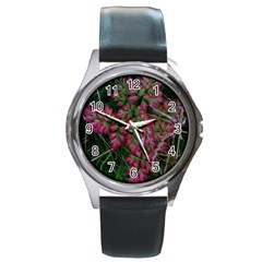 Pink-fringed Leaves Round Metal Watch by okhismakingart