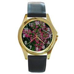 Pink-fringed Leaves Round Gold Metal Watch by okhismakingart