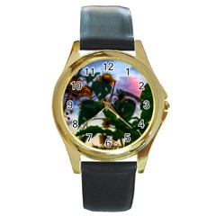 Sunflowers And Wild Weeds Round Gold Metal Watch by okhismakingart