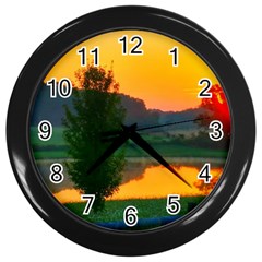 Lake Sunrise Wall Clock (black) by okhismakingart