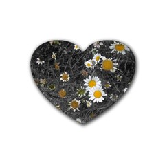 Black And White With Daisies Rubber Coaster (heart)  by okhismakingart