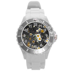 Black And White With Daisies Round Plastic Sport Watch (l) by okhismakingart