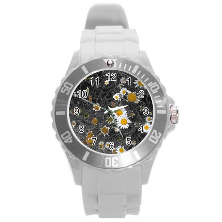 Black And White With Daisies Round Plastic Sport Watch (L)