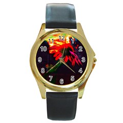 Neon Cone Flower Round Gold Metal Watch by okhismakingart