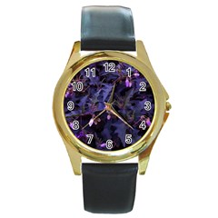 Purple Nettles Round Gold Metal Watch